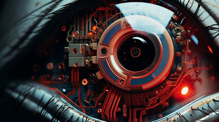 high tech iris, ai, modern technology, cyborg human, future eye enhancement, symbol of progress in technology 