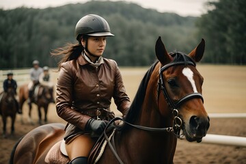 Obraz premium Focused female equestrian on horseback riding gracefully in outdoor arena. AI