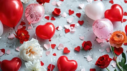  a table topped with lots of red and white heart shaped balloons next to flowers and a couple of red and white heart shaped lollipops next to each other heart shaped balloons.