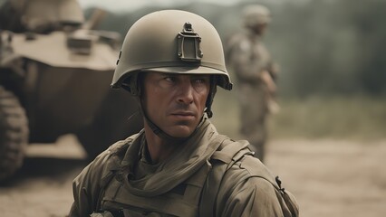 Fototapeta premium Soldier in helmet with somber expression before deployment. war and the human element. resilience captured. AI