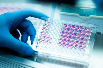 geneticist working with microplate for cells analysis in the genetic lab. Researcher working with...