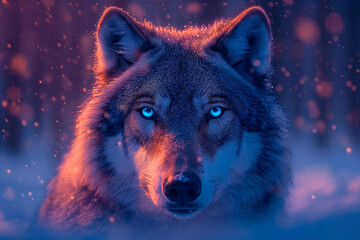 Lone Wolf with Sapphire Eyes in the Pink and Blue Luminescent Winter Woods