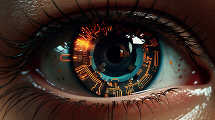 high tech iris, ai, modern technology, cyborg human, future eye enhancement, symbol of progress in technology 