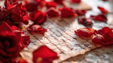  a bunch of red roses laying on top of a piece of paper on top of a piece of paper on top of a piece of paper with writing on it.