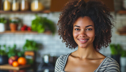 beautiful lucky black woman in the kitchen at home, smiling - obrazy, fototapety, plakaty