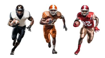Running back american football player running with a ball, isolated background