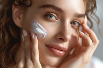 a beautiful, alluring woman applying night cream to her face