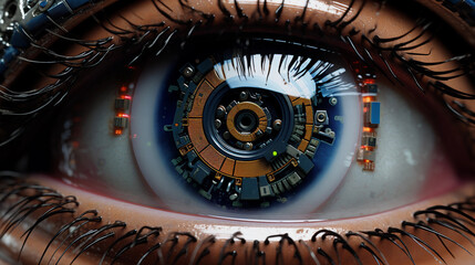 high tech iris, ai, modern technology, cyborg human, future eye enhancement, symbol of progress in technology 