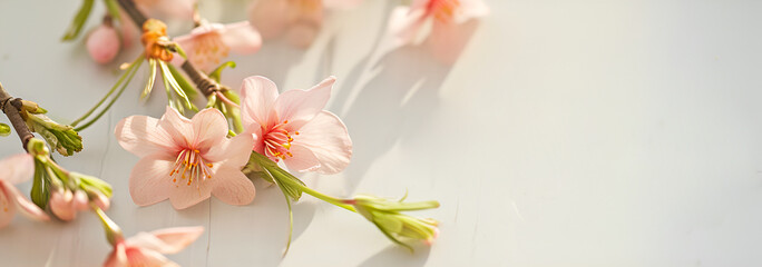 Sakura branch close-up on a white wooden background. Spring banner with copy space.