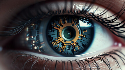 high tech iris, ai, modern technology, cyborg human, future eye enhancement, symbol of progress in technology 