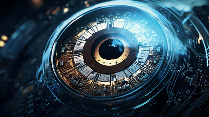 high tech iris, ai, modern technology, cyborg human, future eye enhancement, symbol of progress in technology 