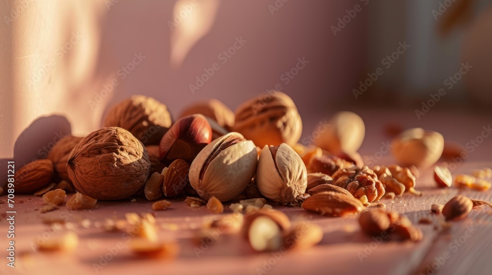 Poster a pile of nuts sitting on top of a wooden table next to a white wall with a shadow of a person stand