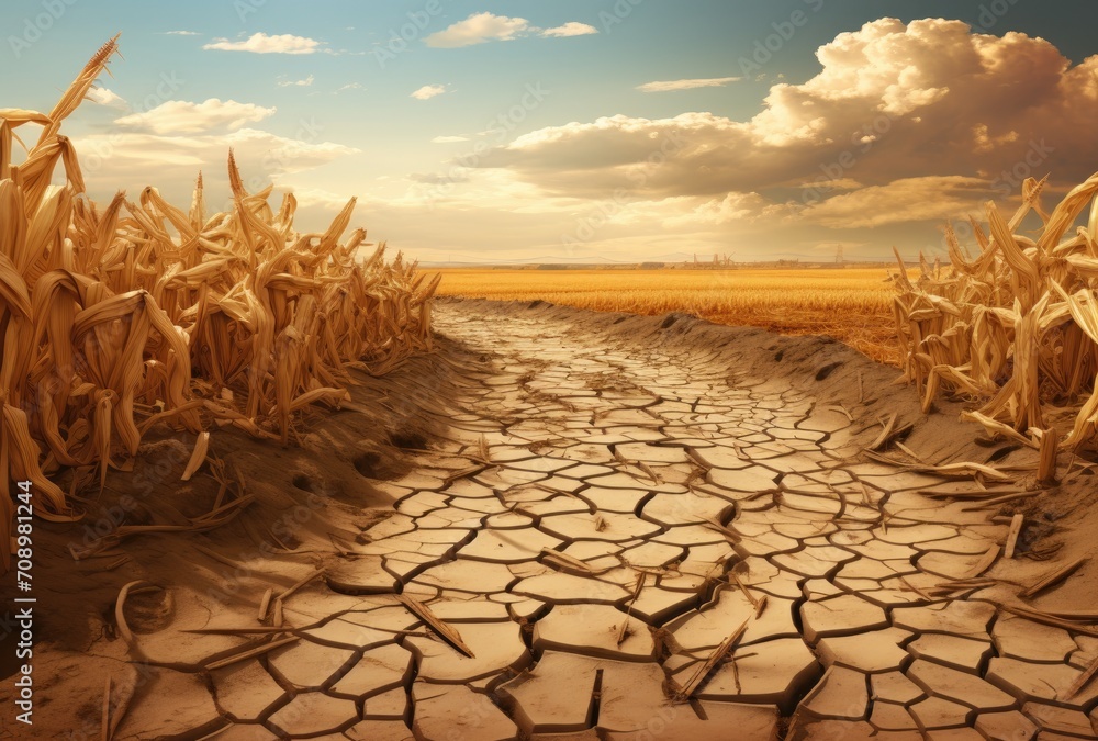Poster the landscape is dry and cracked due to prolonged drought, emphasizing the impact of changing weathe
