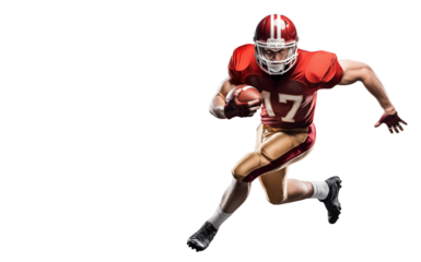 Gridiron running back player running with a ball on isolated background