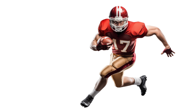 Gridiron running back player running with a ball on isolated background