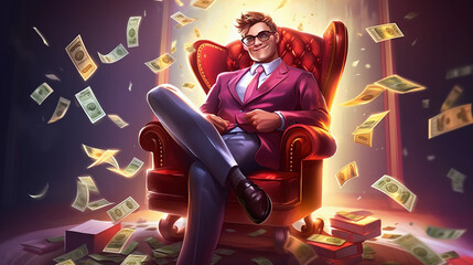 young person saving money, successful business, sitting on chair with money rain, symbol of young entrepreneur, avatar