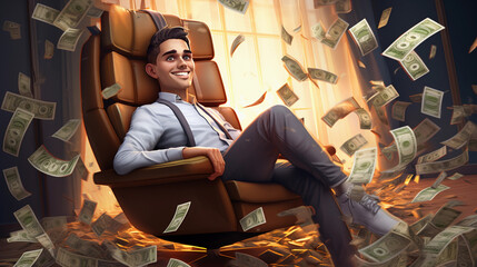 young person saving money, successful business, sitting on chair with money rain, symbol of young entrepreneur, avatar - obrazy, fototapety, plakaty