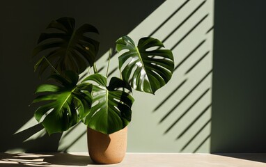 High-contrast photography and a reflective narrative style highlight a Monstera plant in a sunlit corner, where striking shadows add depth to the composition.