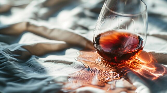  a close up of a glass of wine on a table cloth with a cloth on the side of the glass and a bottle of wine in the middle of the glass.