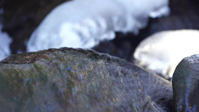 Crystal clear water flowing down a ice and snow covered stream in Laterns, Austria