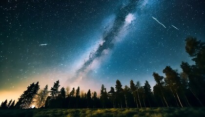abstract time lapse night sky with shooting stars over forest landscape milky way glowing lights...