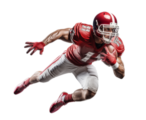 American football player jumping while holding a ball