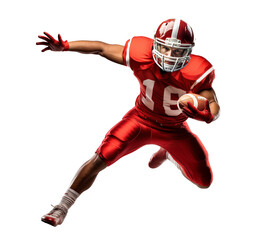 American football player jumping while holding a ball