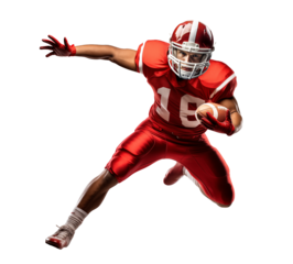 American football player jumping while holding a ball