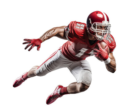 American football player jumping while holding a ball