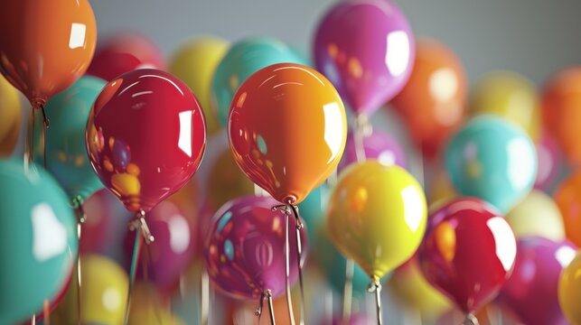  a group of multicolored balloons are in a row on a gray background with a gray wall in the background and a gray wall in the middle of the foreground.