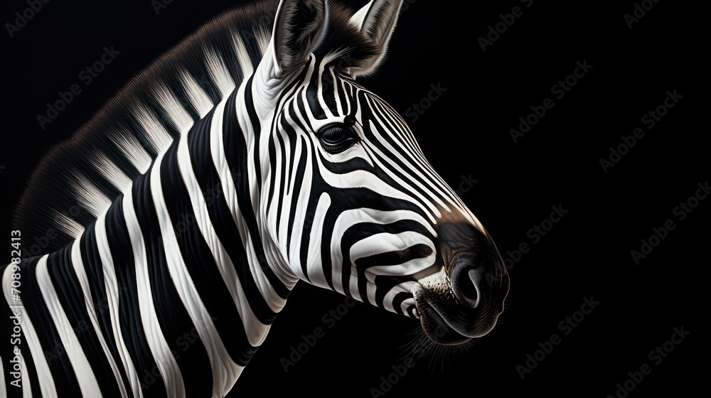 Aufkleber a close up of a zebra's head on a black background with a light shining on the side of the zebra's h