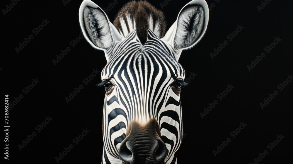 Poster a close up of a zebra's face on a black background with its head turned to the side and it's head tu