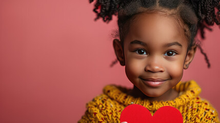 Little beautiful girl holding a heart shaped paper, Valentines day child theme