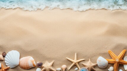 Tranquil Beach Scene with Shells and Starfish Displayed on Sandy Shore
