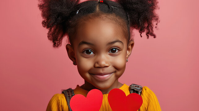Naklejki Little beautiful girl holding a heart shaped paper, Valentines day child theme
