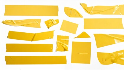 set of yellow tapes on white background torn horizontal and different size yellow sticky tape...