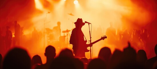 Guitar player on stage with concert crowd, in silhouette.