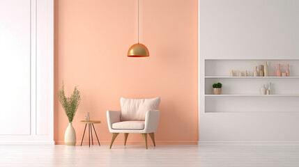 minimal interior livingroom. peach armchair with peach color paint wall