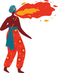 African woman in traditional dress breathing fire, performance art. Cultural representation, African performer vector illustration.