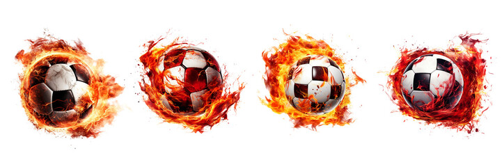 Set of An isolated football, its surface dancing with fierce red fire, capturing the spirit of the game on a transparent background