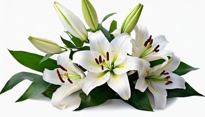 Fototapeta na wymiar white lily flowers and buds with green leaves on white background isolated close up lilies bunch elegant lilly bouquet lillies floral pattern holiday greeting card or wedding invitation design