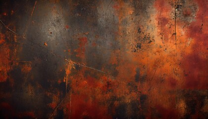 rusty metal surface with red black and orange tones worn steampunk background with scratches - obrazy, fototapety, plakaty