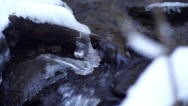 Crystal clear water flowing down a ice and snow covered stream in Laterns, Austria