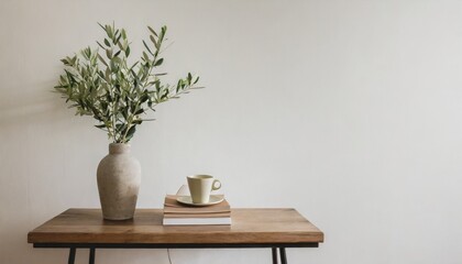neutral mediterranean home design textured vase with olive tree branches cup of coffee books on wooden table living room still life empty wall copy space modern interior no people lateral view