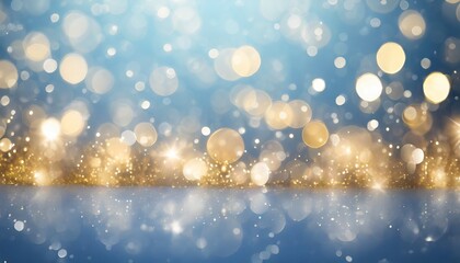 abstract christmas bokeh lights with gold sparkles on blue background