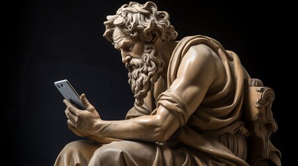 Ancient sculpture looking at a phone - obrazy, fototapety, plakaty