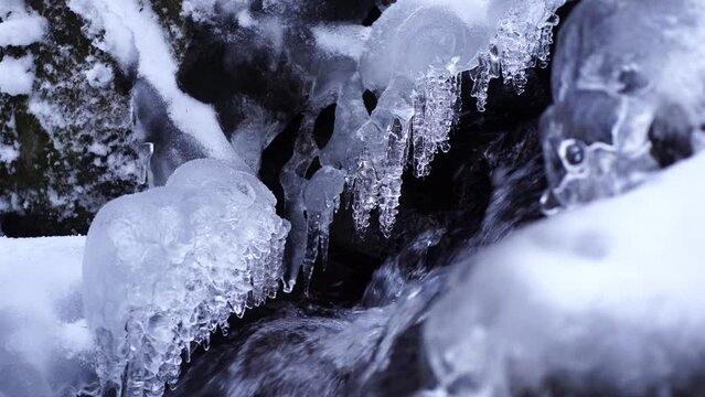 Crystal clear water surrounded by icicles flowing down a stream