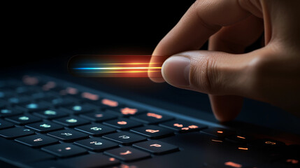 human operating future computer, symbol of IT company and technological progress, close up shot of hands operating computer