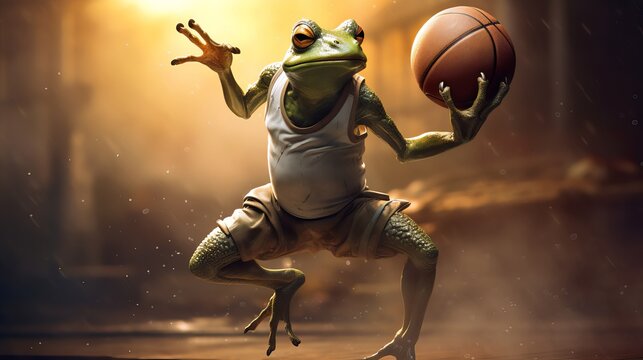 Frog playing basketball on a dark street