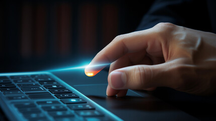 human operating future computer, symbol of IT company and technological progress, close up shot of hands operating computer